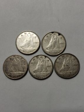 5 1965 Canadian 10 Cent Coins (Dime)
